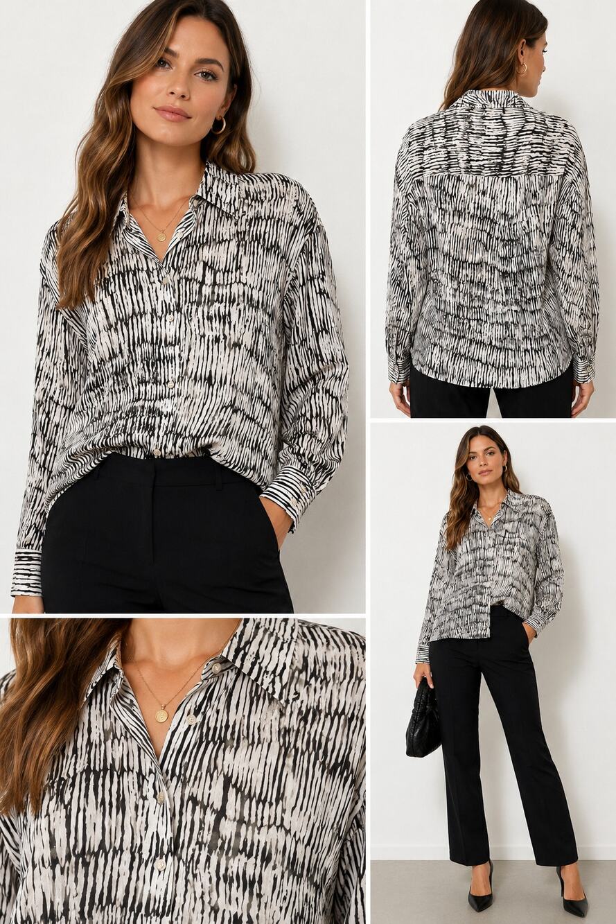 The Korner Abstract Print Blouse Women’s L Black White Button Front NWT